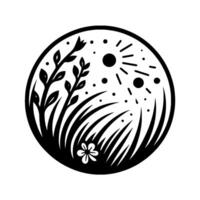 Black and white circular illustration of nature grass, flowers, and sun details on a white background. vector