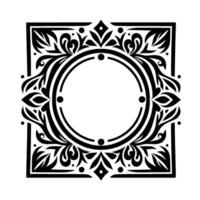Intricate black and white decorative frame square border with floral, swirl, and geometric elements encircling a blank circle. vector