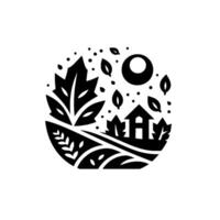 A minimalist black and white natureinspired emblem, depicting a rural landscape with a house, leaves, sun, and foliage, all within a circular border. vector
