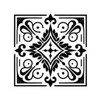 Symmetrical black and white floral ornament intricate geometric featuring swirling leaves, circles, and a central diamond shape inside a square frame. vector