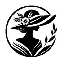Silhouette of an elegant woman in a widebrimmed hat adorned with a floral embellishment, within a circular frame. vector