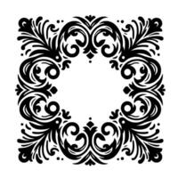 Ornate black floral frame in square composition, symmetrical baroque on white, decorative elements. vector