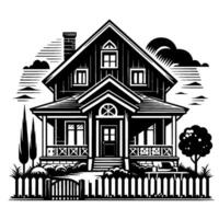 A symmetrical, woodcutstyle illustration of a twostory house with a porch, set behind a picket fence, with trees, clouds, and sunlight. vector