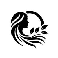 A stylized black silhouette of a womans profile with flowing hair, encompassed by a circle, intertwined with leaves on a clean white background, a concept. vector
