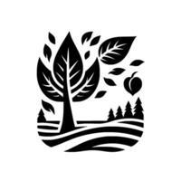 Stylized monochrome illustration a bold depicting a tree with large leaves, floating foliage, and a single fruit set against a stylized landscape with rolling hills and pine trees. vector