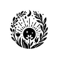 A monochrome circular composition, featuring stylized botanical elements encircling a radiant sun, crescent moon, and stars, evoking a whimsical, natural theme. vector