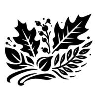 A stylized, symmetrical black and white illustration of various leaves, berries, and sprigs, potentially for decorative purposes. vector