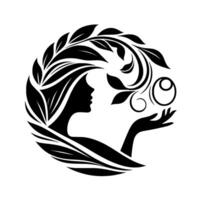 Silhouette of a woman with flowing hair of leaves and curls, extending a hand to an ethereal orb, all within a circular composition. vector