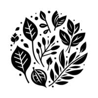 A stylized, monochromatic botanical illustration features an arrangement of various leaves and sprigs in a circular formation, with small dot accents. vector