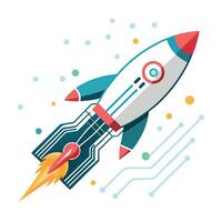Minimalist Rocket Icon with Circuit Trails and Modern Design Elements vector