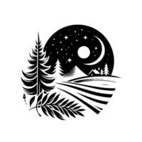 A stark, monochromatic illustration depicting a serene nighttime landscape encircled by a celestial sphere, including a crescent moon, stars, and a quaint cottage nestled within rolling hills and a se vector