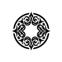 A symmetrical, black and white ornamental design, a circular arrangement of stylized floral elements within a framed circle. vector
