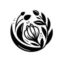 Elegant black and white floral crest a stylized botanical featuring a central blossoming flower, surrounded by leaves, buds, and decorative elements, all enclosed within a circular composition vector
