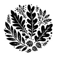 Black and white botanical illustration of an artful leaf arrangement, resembling a circular, symmetrical pattern of various foliage elements on a clean, white background. vector