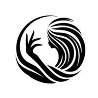 A stylized, monochrome featuring a womans profile encompassed by flowing hair and a reaching hand, forming a dynamic circular composition. vector