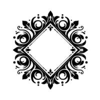Intricate black and white floral and swirl frame with diamond center, baroque style on a white background. vector