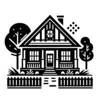 Stylized black and white illustration of a cozy house with trees, a fence, and geometric accents, depicting a serene, minimalist landscape. vector