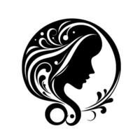 Silhouette of a womans profile within a circular frame, with ornate hair, a flowing stylized design, showcasing elegant detail. vector