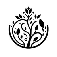 A minimalist black and white tree emblem, featuring stylized leaves and a floral crown within a stylized, semicircular border, evoking nature and growth. vector