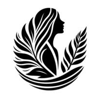 Silhouette of a woman with flowing hair framed by stylized leaves, evoking a sense of natural elegance and serenity, against a clean white background. vector