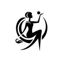 Elegant black silhouette of a woman in motion, balancing a sphere, embedded in stylized geometric elements, graceful and modern design. vector
