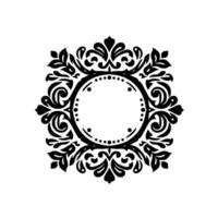 Ornate black and white circular frame design, featuring leafy flourishes, swirls, and dot embellishments, centered on a solid white background, perfect for invitations and decorations. vector