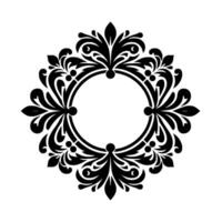 Elegant symmetrical floral design, a black and white ornate circular frame with botanical patterns surrounding a blank center, isolated on white. vector