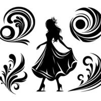 Elegant black silhouette of a dancing woman in gown, surrounded by swirling decorative elements, creating a stylish, decorative composition. vector