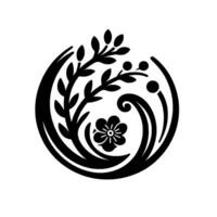 Artistic japanese crest intricate black and white floral featuring a stylized flower, leaves, berries, and flowing lines within a circular composition, evoking elegance. vector
