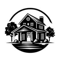 Black and white stylized illustration of a charming twostory house with a porch, trees, and a decorative circle frame. vector
