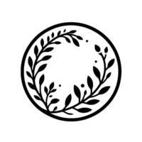 A minimalist, black and white circular wreath, featuring stylized branches and leaves, enclosed within a bold outline, evoking a sense of natural elegance and simplicity. vector