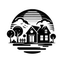 Serene black and white illustration a charming country home scene under a cloudy sky with a sunset, complete with trees, birds, and a fence. vector