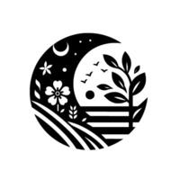 Black and white celestial garden a stylized circular composition features a crescent moon, stars, a flower, plants, birds in flight, and a tree over stylized fields. vector