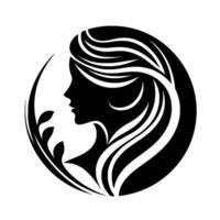 Silhouette of a womans profile within a circle, her flowing hair and botanical elements suggesting natural beauty and elegance, rendered in a minimalist, contrasting style. vector