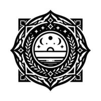 Intricate black and white mandala featuring celestial elements moon, stars, a horizon, and geometric patterns enclosed within a symmetrical, stylized floral border. vector