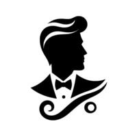 Silhouette of a dapper gentleman, sporting a refined pompadour hairstyle, bow tie, and a stylized decorative swirl, conveying elegance and timeless style against a clean white background. vector