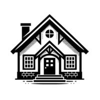 A stylized, black and white illustration of a charming, symmetrical house, featuring a pitched roof, chimney, windows, and a front porch. vector