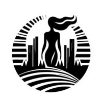 A silhouette woman with flowing hair stands before a cityscape, enclosed within a stylized circular frame of horizontal bars and geometric shapes, suggesting a balance of nature and urban life. vector