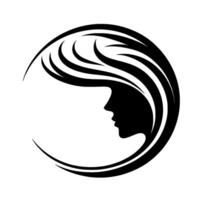 Elegant black and white featuring the silhouette of a womans profile within a circular frame of flowing hair and lines, evoking beauty. vector
