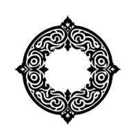 Intricate black and white circular ornamental with symmetrical swirling patterns, floral motifs, and arrowlike accents forming an elegant frame on a clean white backdrop. vector