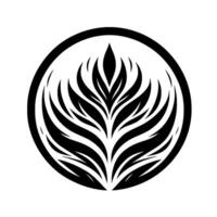 A stylized black and white illustration depicting a symmetrical, organic resembling a plant or flame enclosed within a circular frame. vector