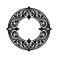 Ornate black and white circular decorative frame a symmetrical composition of floral and foliage elements on a clean background. vector
