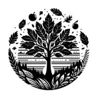 Circular black and white silhouette of a tree with leaves, apples, forest floor, and surrounding foliage, emphasizing natures beauty. vector