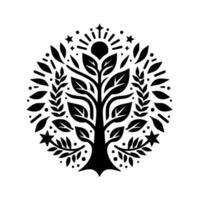 Stylized black and white tree of life within a circle, featuring leaves, stars, sun, and branching design. vector