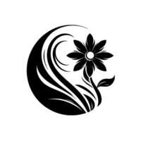 A stylized black flower with curving lines, leaf, and stem on a clean white background, a simple yet elegant botanical illustration. vector