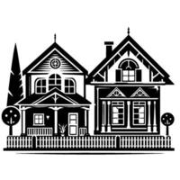 Black and white illustration of two charming victorian houses with picket fence, trees, and symmetrical design, evoking a sense of simplicity and home. vector