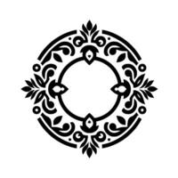 Intricate black and white ornamental circle a symmetrical floral and geometric pattern featuring a central blank space, and surrounding floral swirls on white background. vector