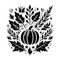 A stylized black and white autumnal design, featuring a pumpkin at the center surrounded by leaves, branches, a butterfly, and dots, suggesting fall and harvest themes. vector
