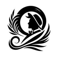 Silhouette of a man in a hat and bowtie, framed by stylized laurel and swirls, artistic black and white design. vector