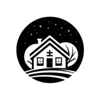 A serene, stylized illustration of a cozy house under a starry night sky, nestled within a circular frame, evoking a sense of calm and tranquility. vector